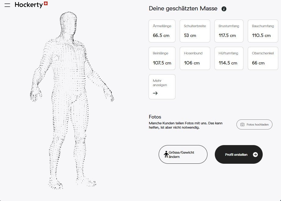 3D-Körperprofil von Hockerty mit dreizehn geschätzten Massen